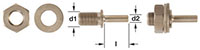 Image shows a disassembled bronze drive arbor with a hex nut, a washer, a threaded spindle with and attached smooth arbor.  The image includes labeled measurements of the diameter (d1, d2) and length (l) of the threaded parts. A second image shows the ass